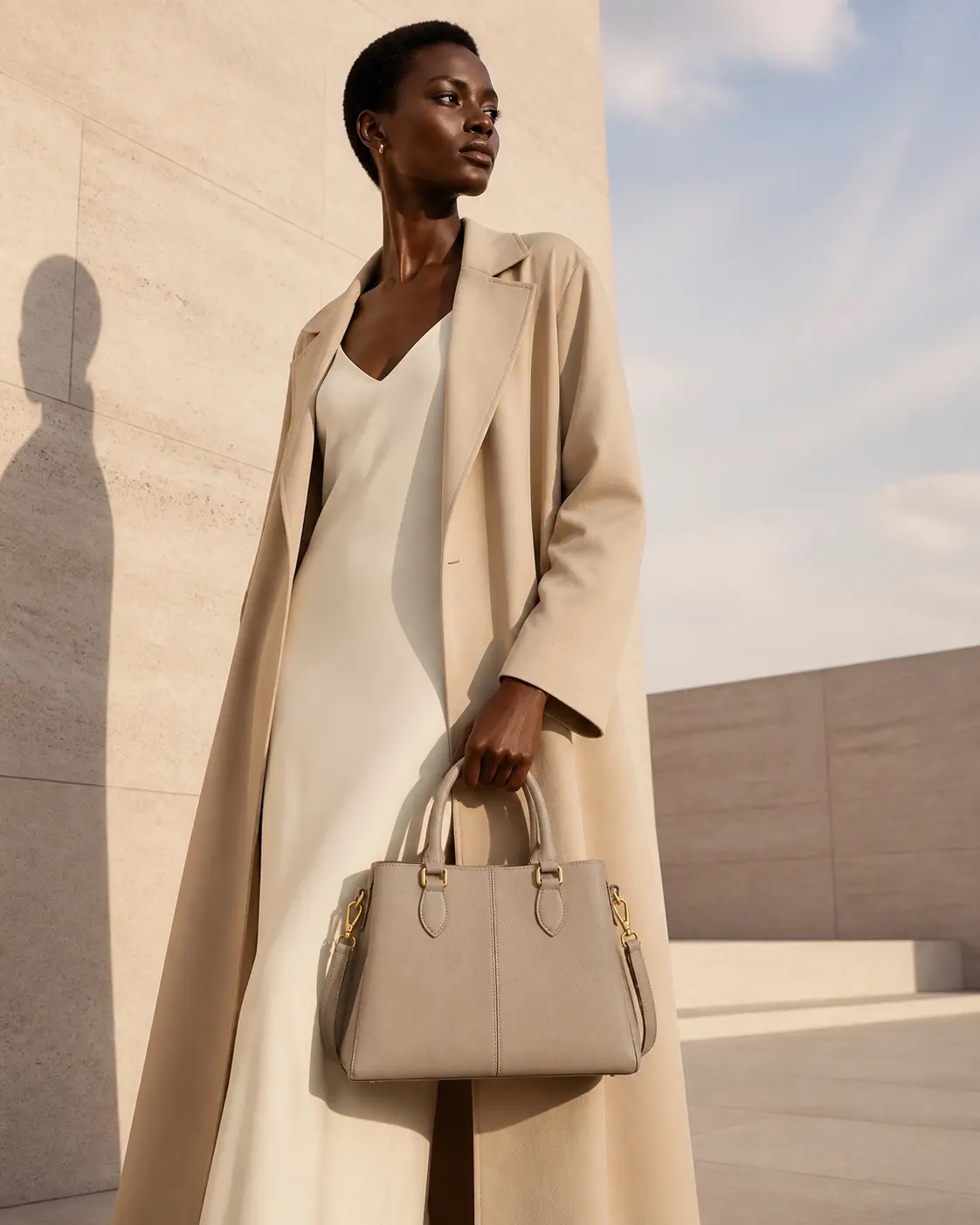 AIMEFA-Modemotiv: Model in beigefarbenem Mantel mit Handtasche vor sonniger Architektur