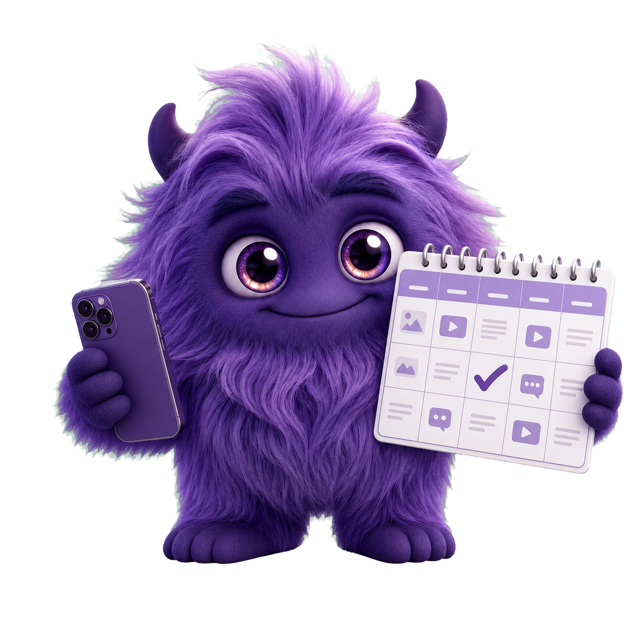 Lila Monster mit Smartphone und Content-Kalender.