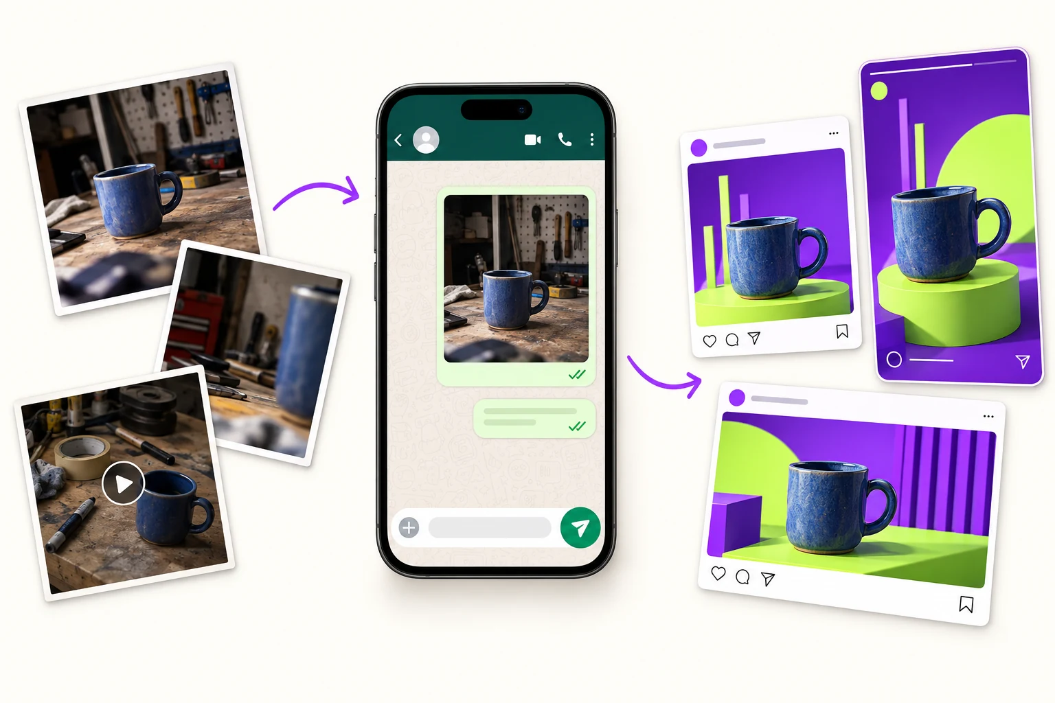 Vom unperfekten Handyfoto einer blauen Tasse über den Versand im WhatsApp-Chat zu gestalteten Feed-Beiträgen und Storys in Violett und Lime.